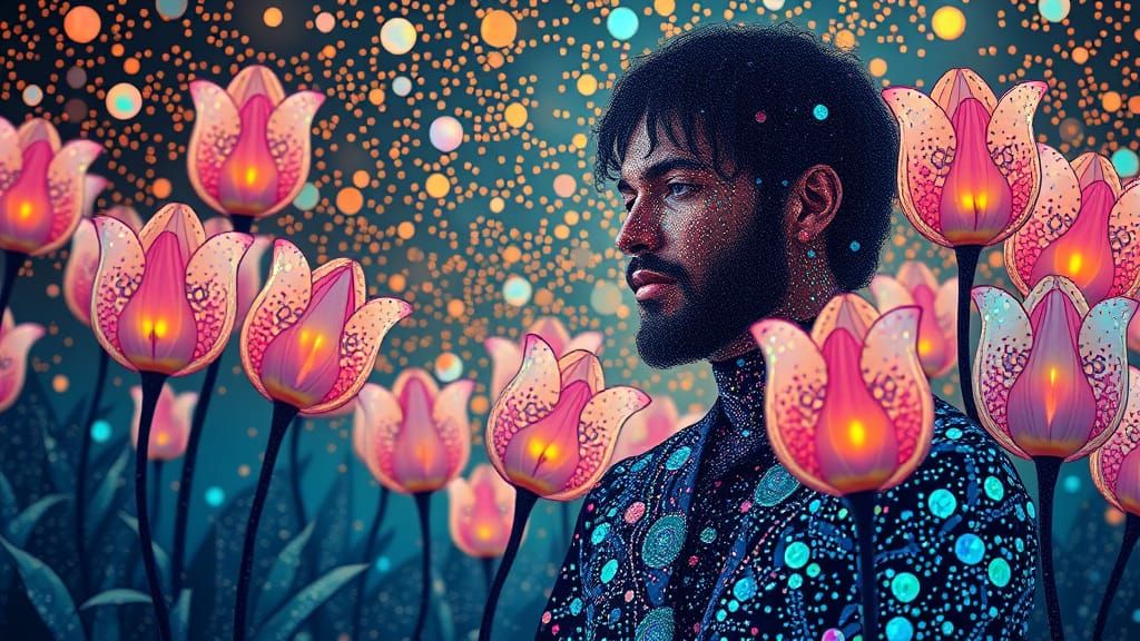 Ethereal Gentleman in Opal Hues, Surrounded by Whirling Tuli...
