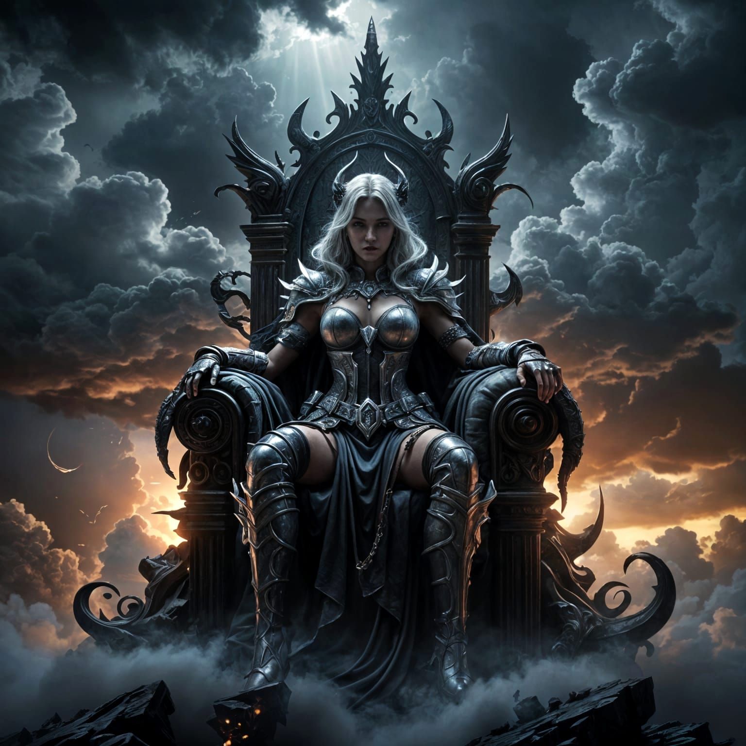 Dark Fantasy Cloud Goddess in Realistic Throne