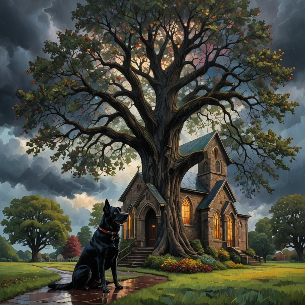 Chapel and Tree Impasto Painting with Dog
