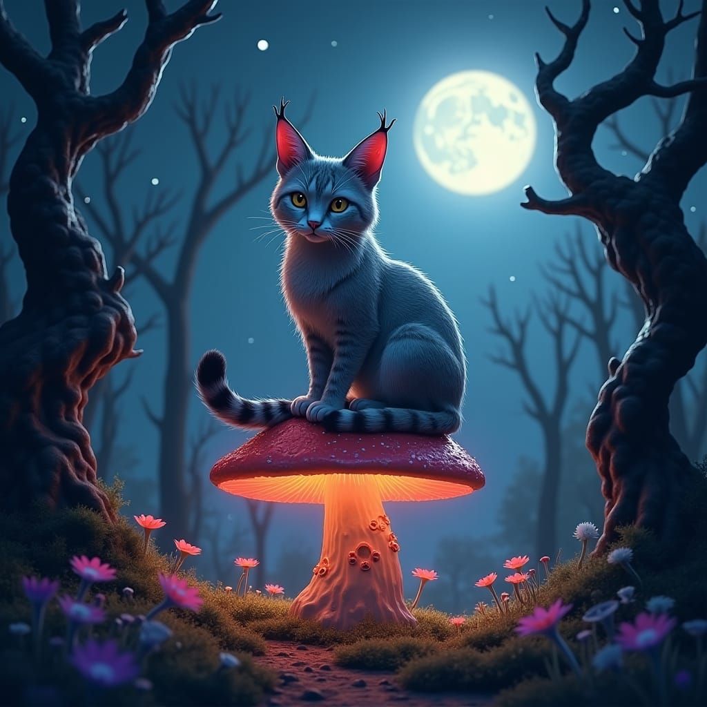 Moonlit Bobcat on Mystical Mushroom, Fantasy Concept Art