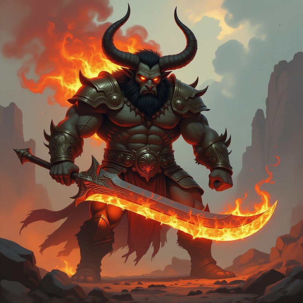 Imposing Minotaur Fire Giant with Fiery Sword