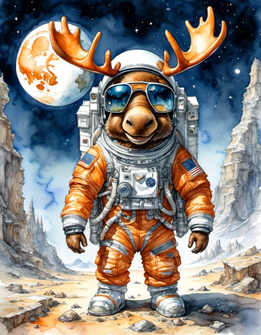 Astronaut Moose-Man on the Moon: Watercolor Cartoon Render