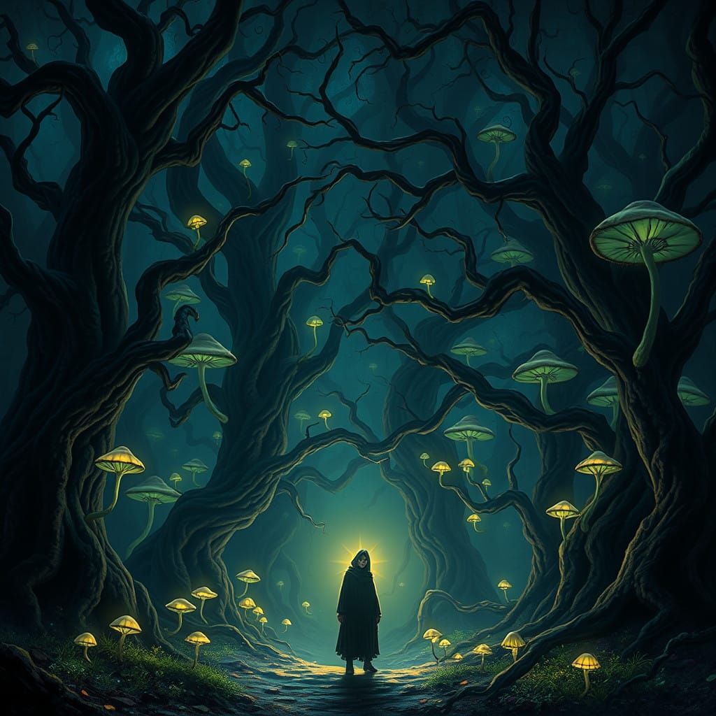 Enigmatic Figure in Dark Mystic Forest