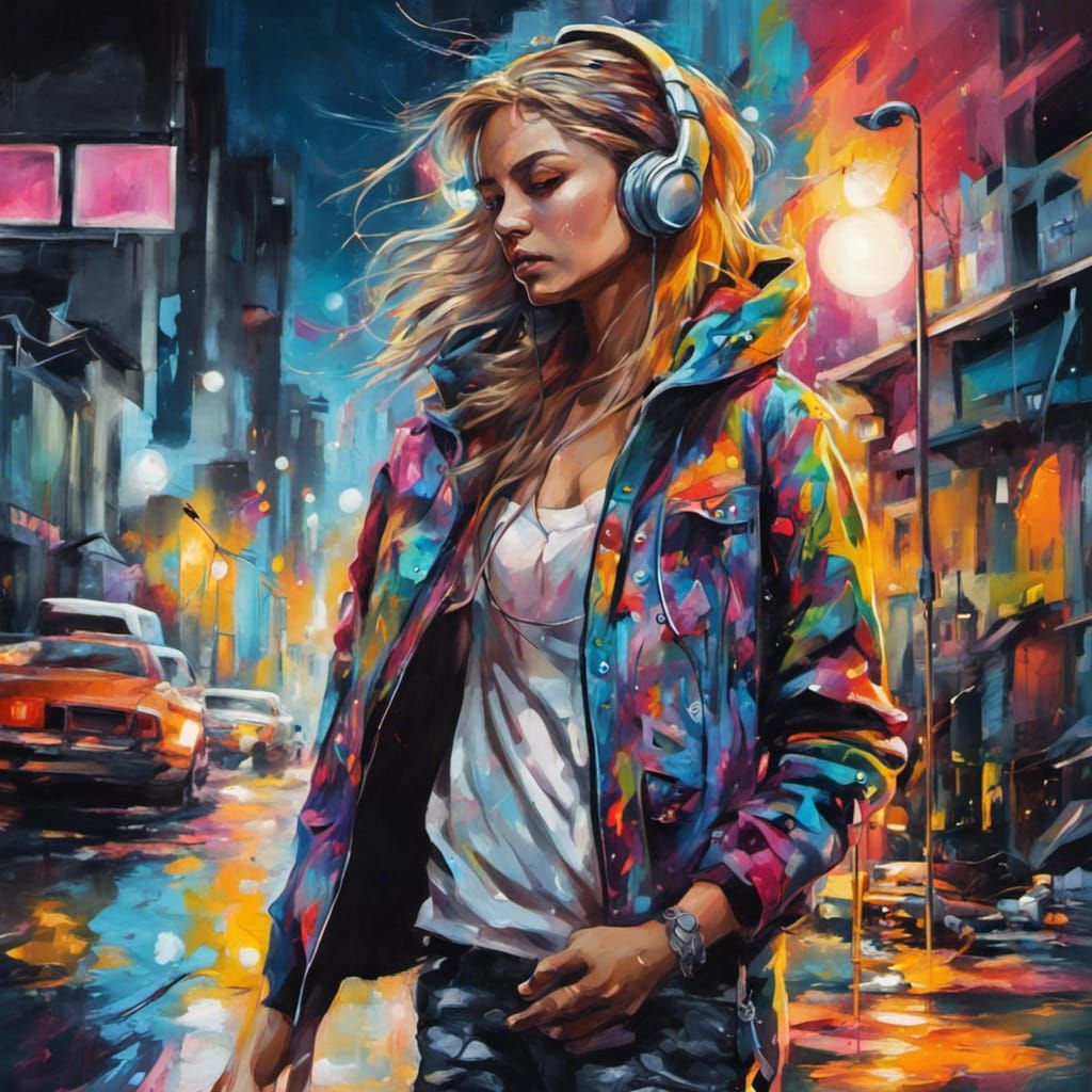 Night City Walker in Graffiti Art Style