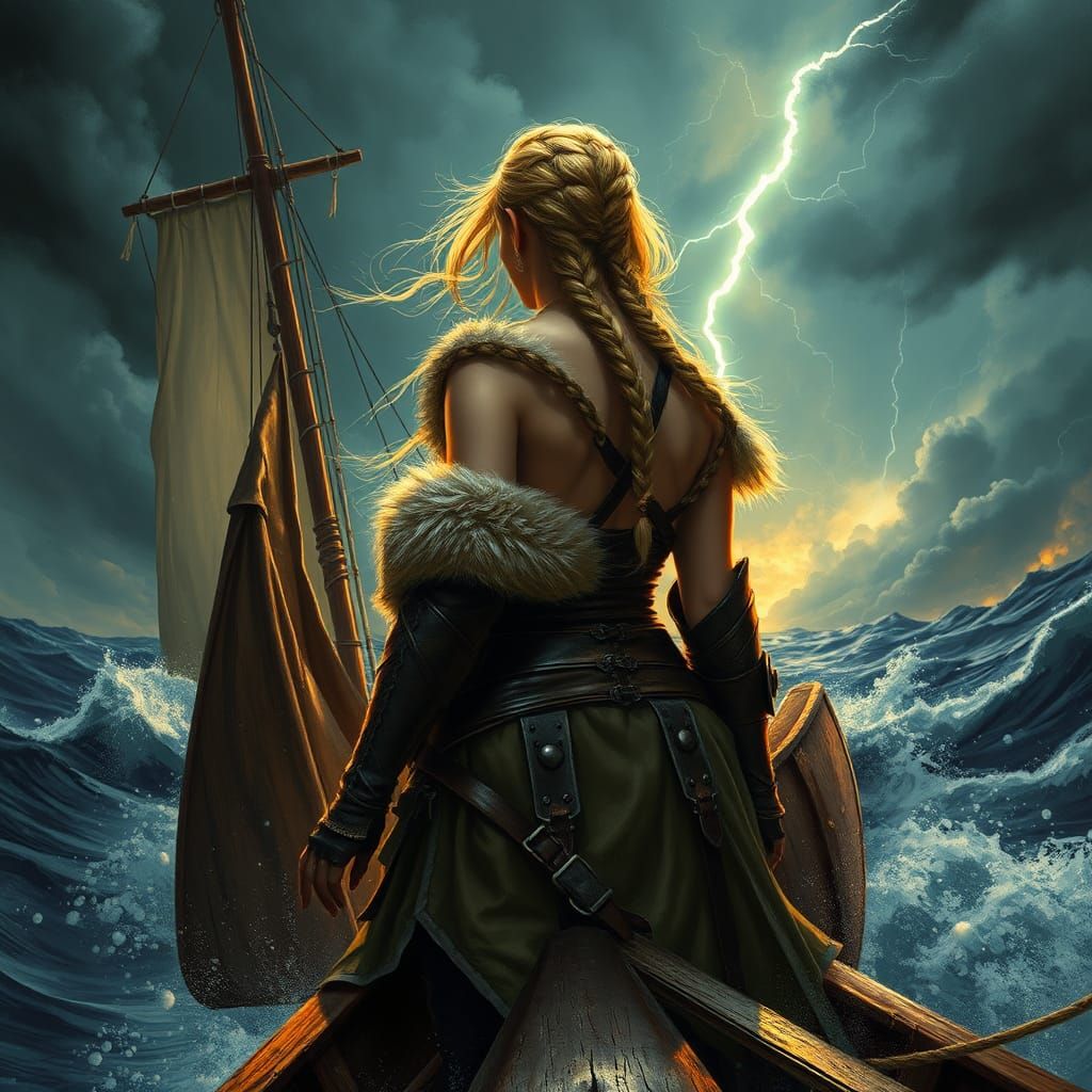 beautiful female Viking with blonde braids, bare back, off s...