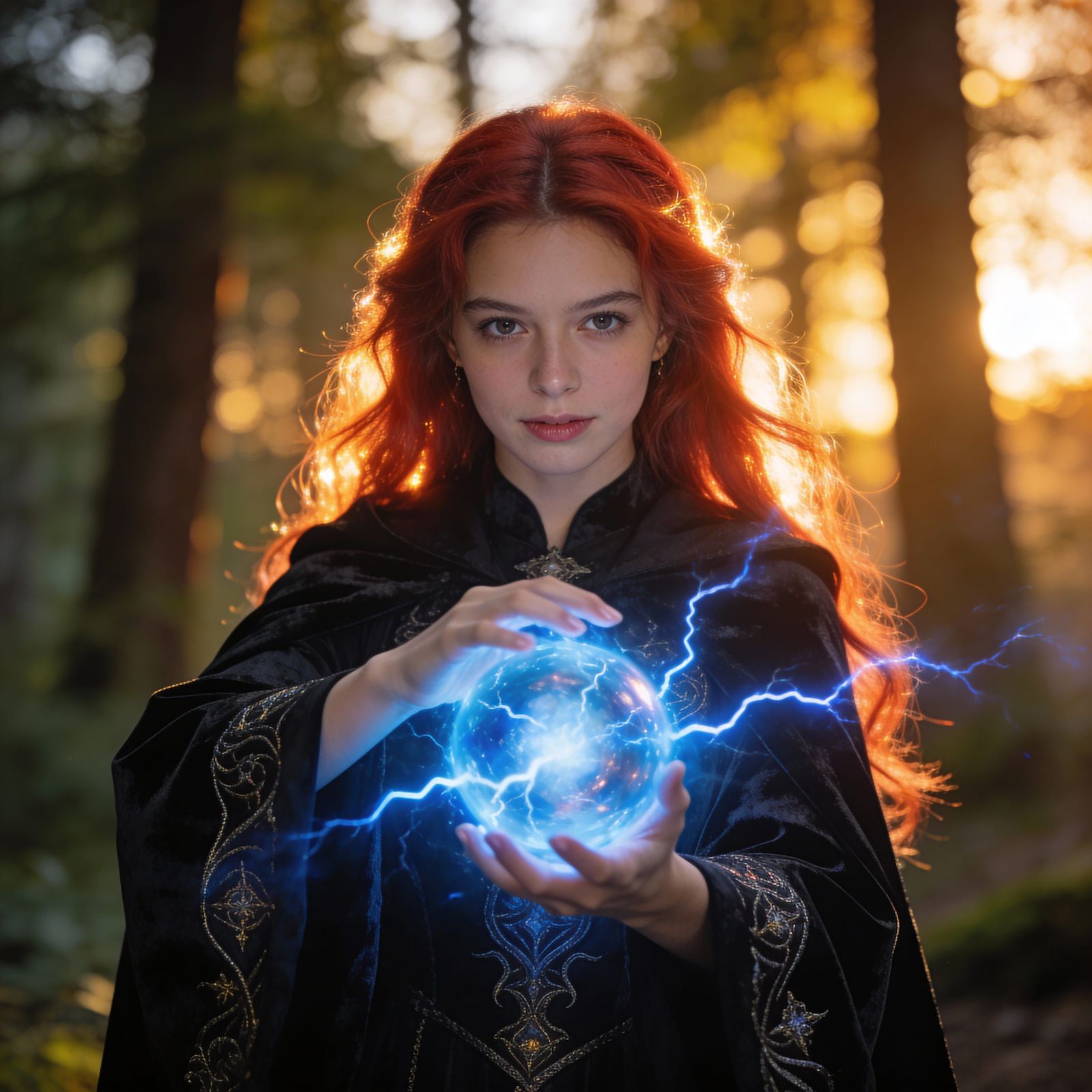 Powerful Sorceress Casting Blue Lightning Orb in Golden Fore...