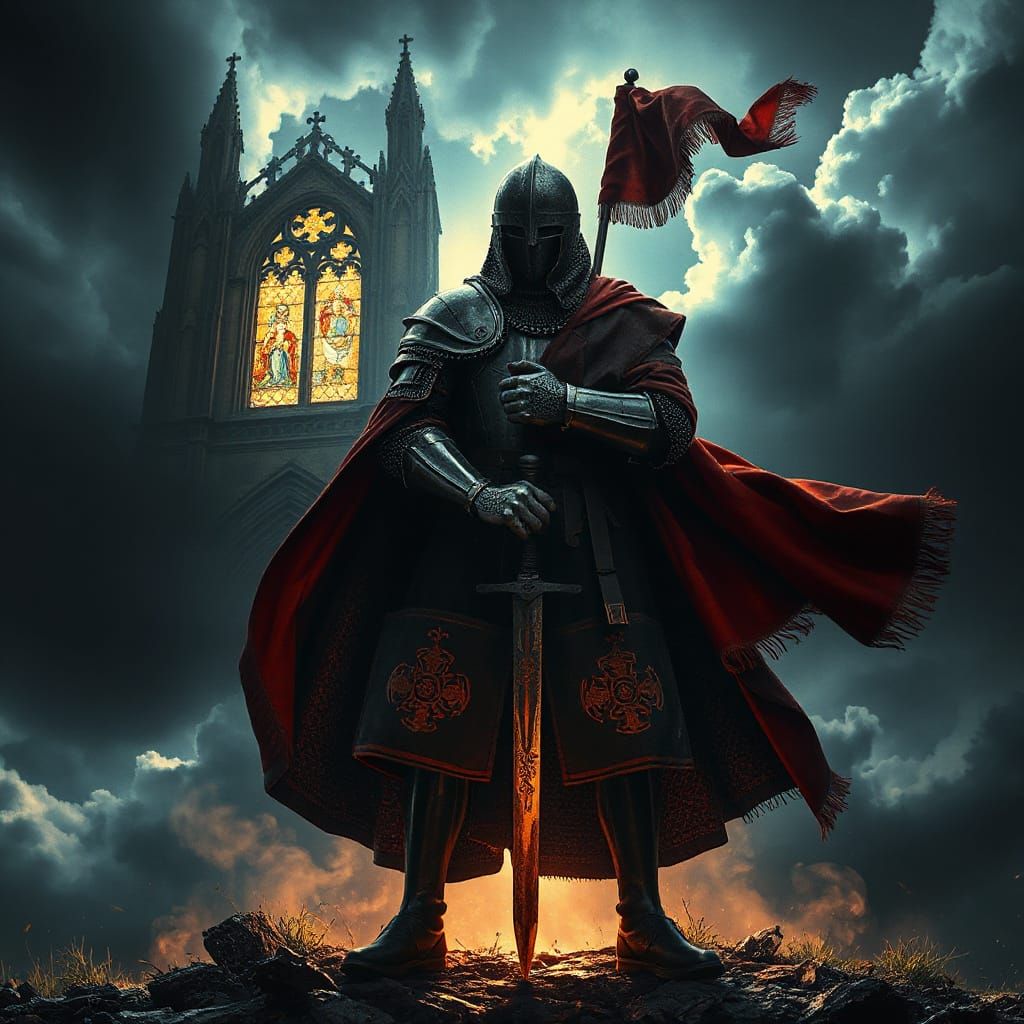Crusader Knight Silhouette with Gothic Cathedral Interior