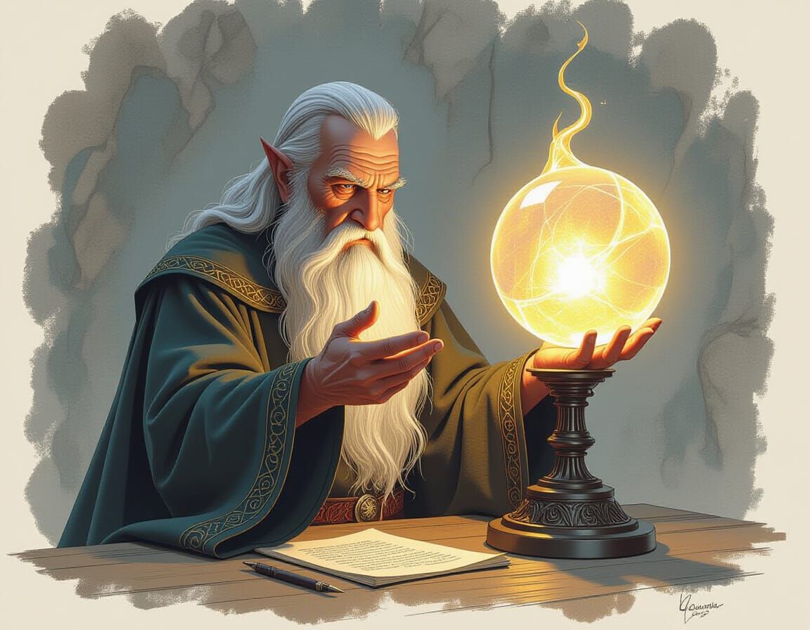 Saruman's Glowing Palantir in Renaissance Style
