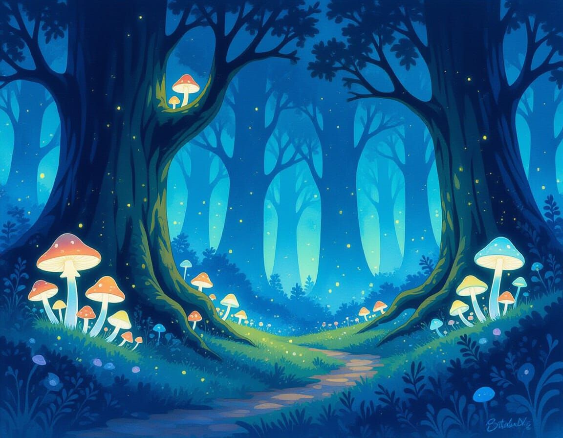 Whimsical Watercolor Forest at Twilight