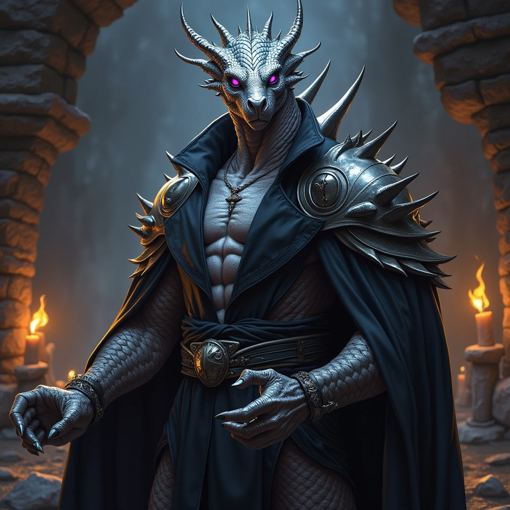 Silver Dragonborn in Dark Mystical Dungeon Chamber