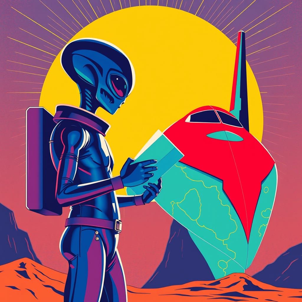 Retro-Futuristic Alien Studies Vibrant Map in Balanced Compo...