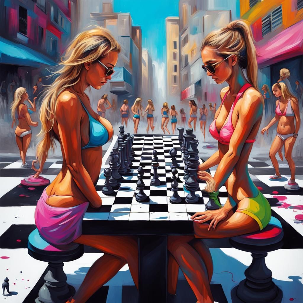 Chess Game with Girls in Graffiti Art Style
