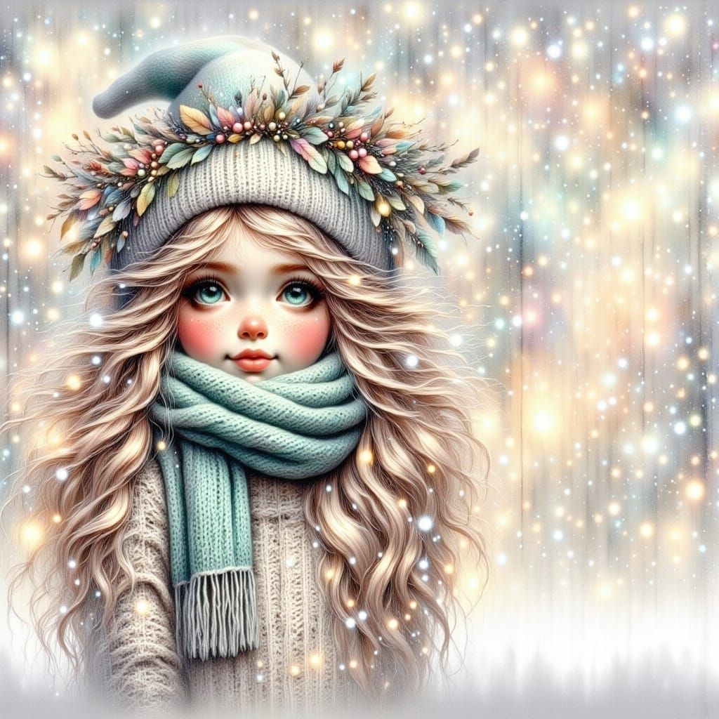 A soft pastel Christmas scene of a whimsical child in a teal...