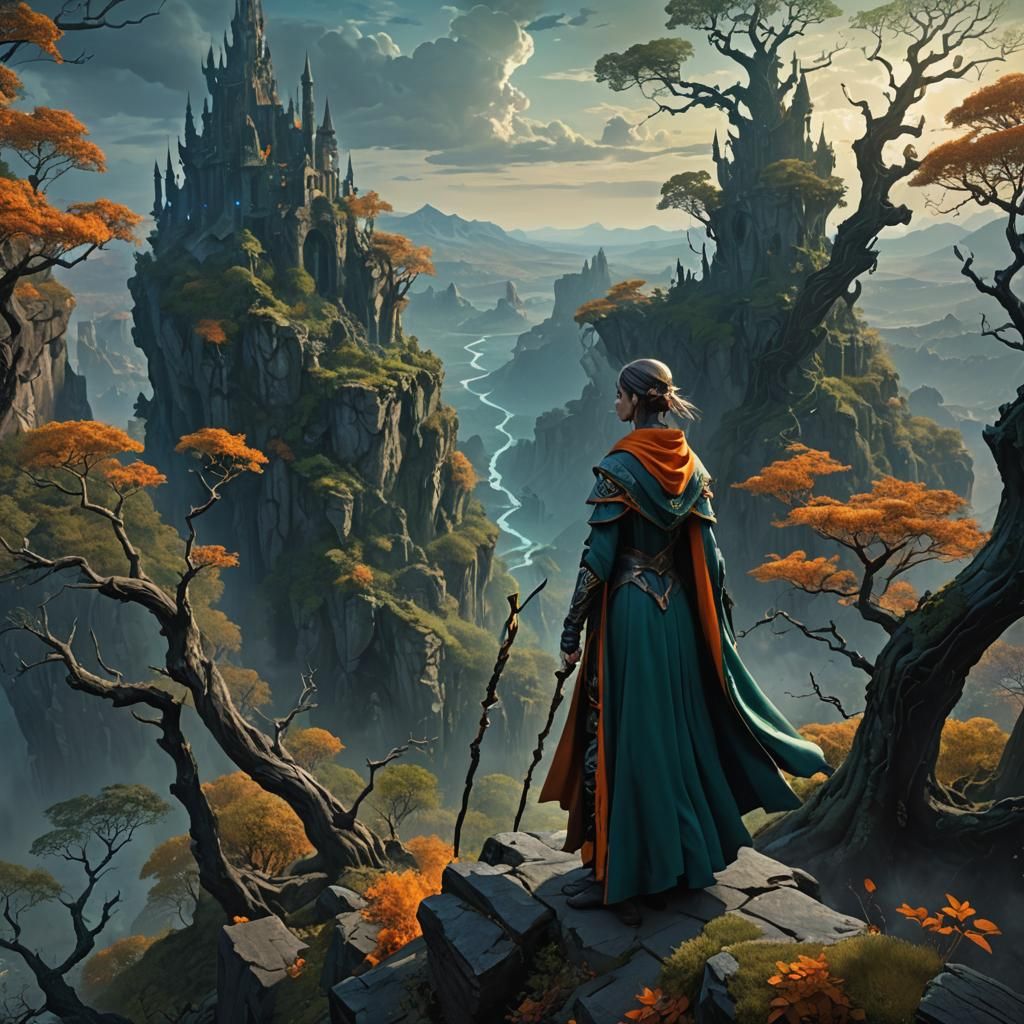 Sorceress Overlooking Mystical Realm in Fantasy Art