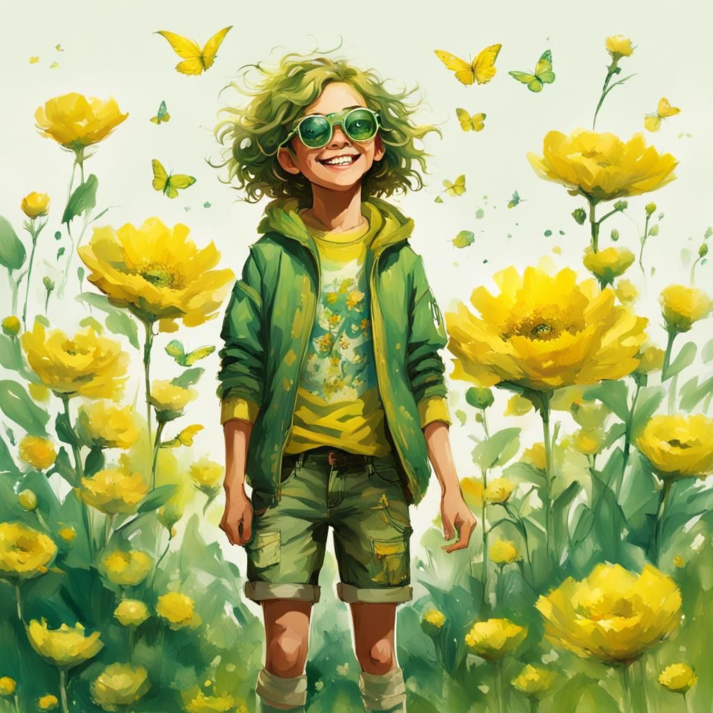 Smiling Girl with Flowers, Detailed Digital Matte Painting