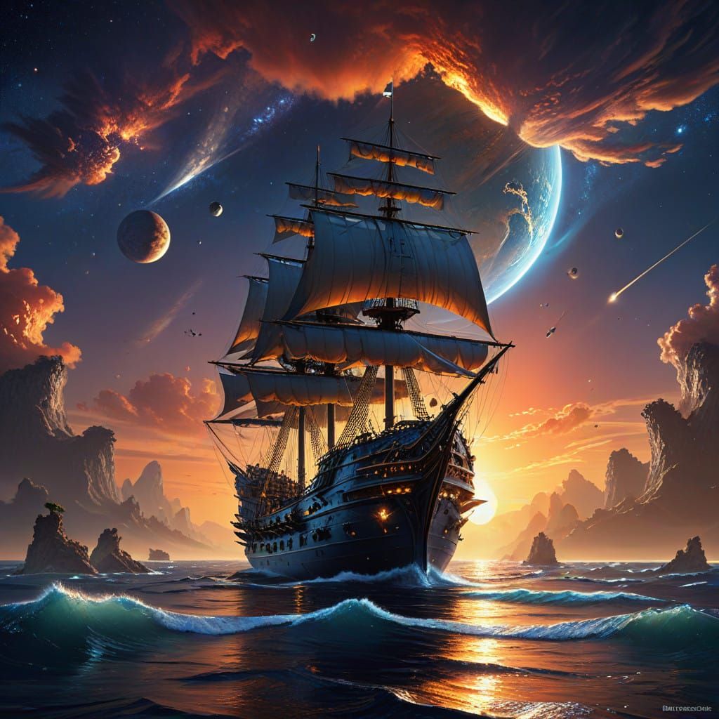Spectacular Interstellar Galleon Anchored in Cosmic Sunset