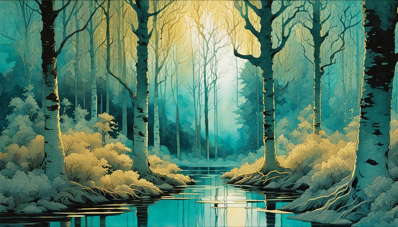 Teal Birch Forest in Kirigami Style