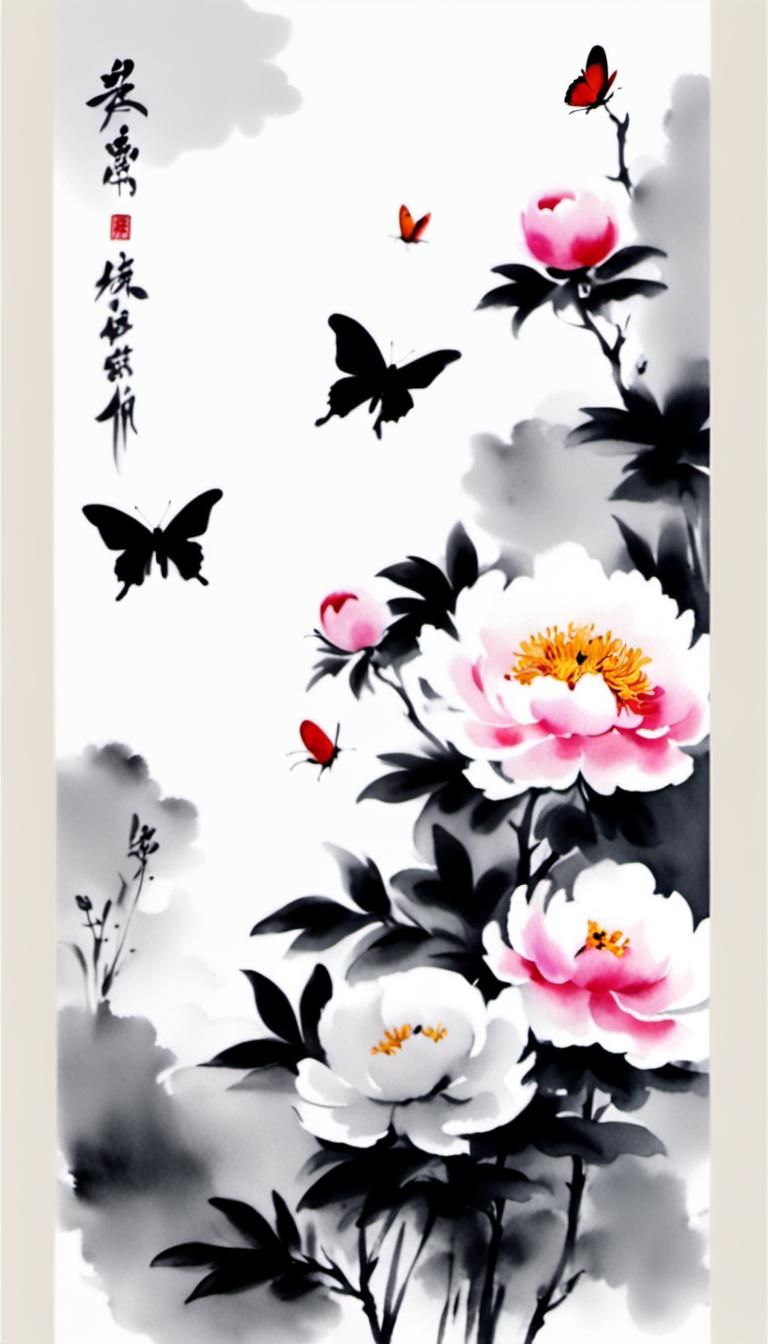Minimalist Chinese Ink Painting of Peony Flowers