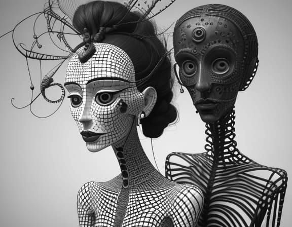 Surreal Portrait of Daisy-Headed Figures in Modigliani Style