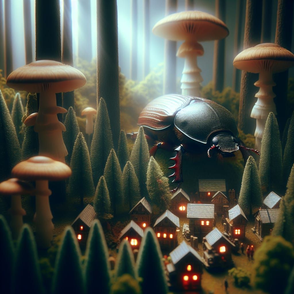 Giant Beetle in Miniature Forest: Tilt-Shift Macro