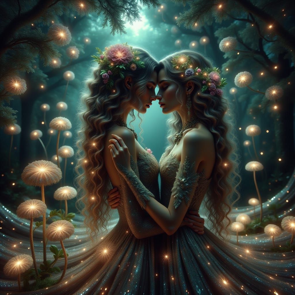 Elven Lovers in Bioluminescent Grove: Fantasy Art