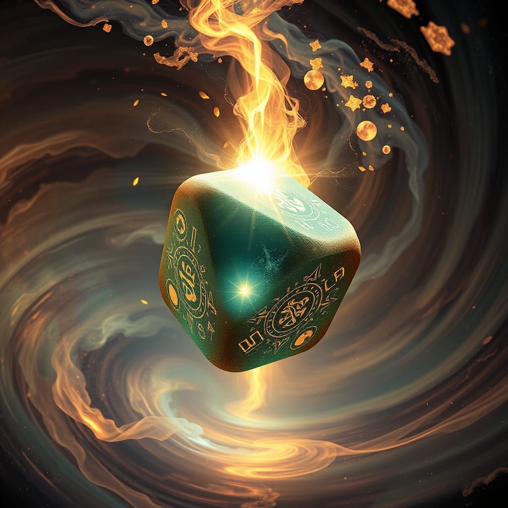 Ethereal Dice Levitate Amidst Elemental Vortex
