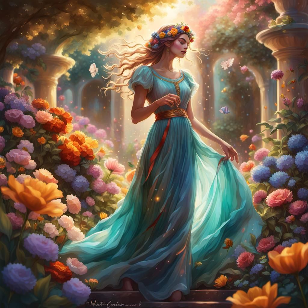Girl Smelling Flowers in Fantasy Garden