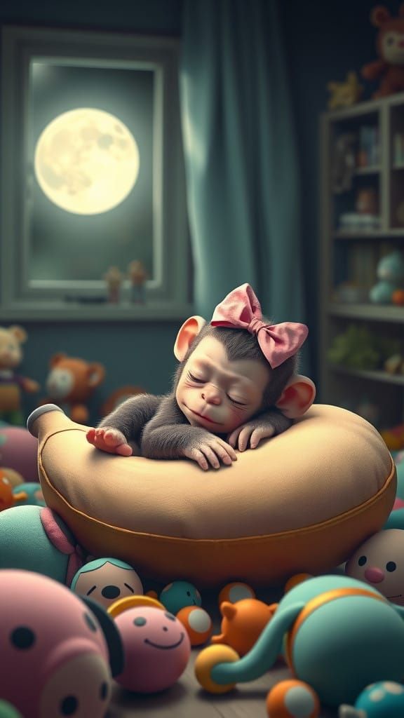 Sleeping Baby Monkey in a Whimsical Moonlit Room