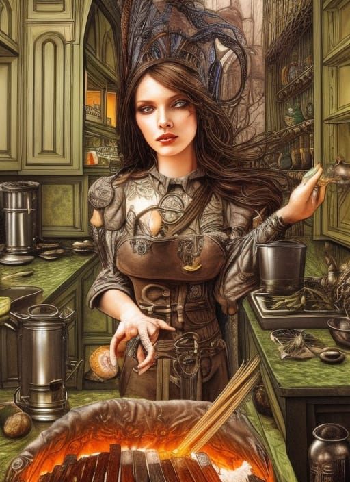 Young Witch Cooking Spell in Gothic Kitchen
