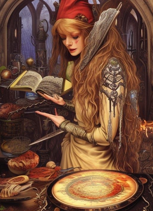 Young Witch Cooks Spell in Hyperdetailed Gothic Kitchen