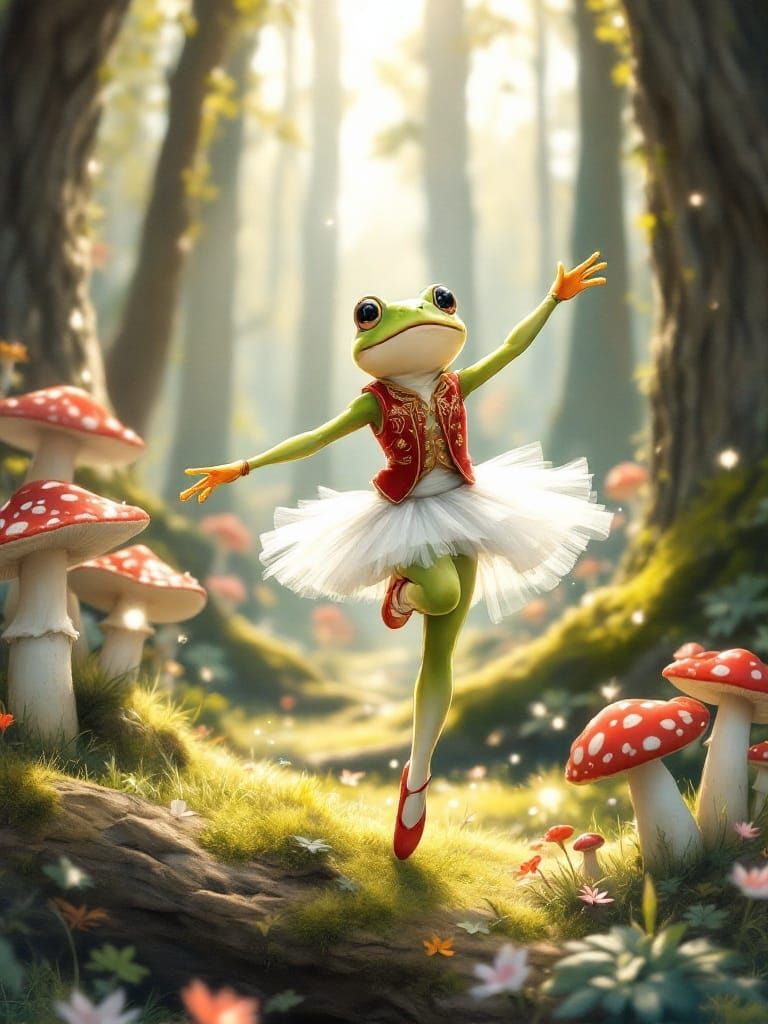 Frog Ballerina Leaps in Enchanted Forest