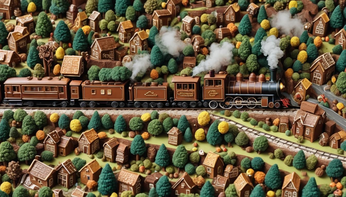 Edible Landscape with Gingerbread Train in Photo-Realism