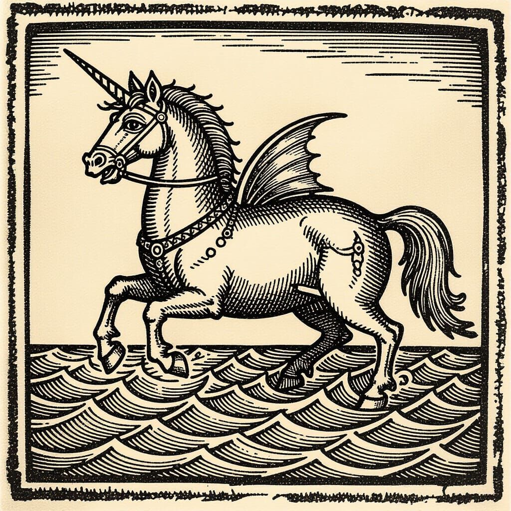 Archaic Medieval Woodcut of Hippocampus Creature