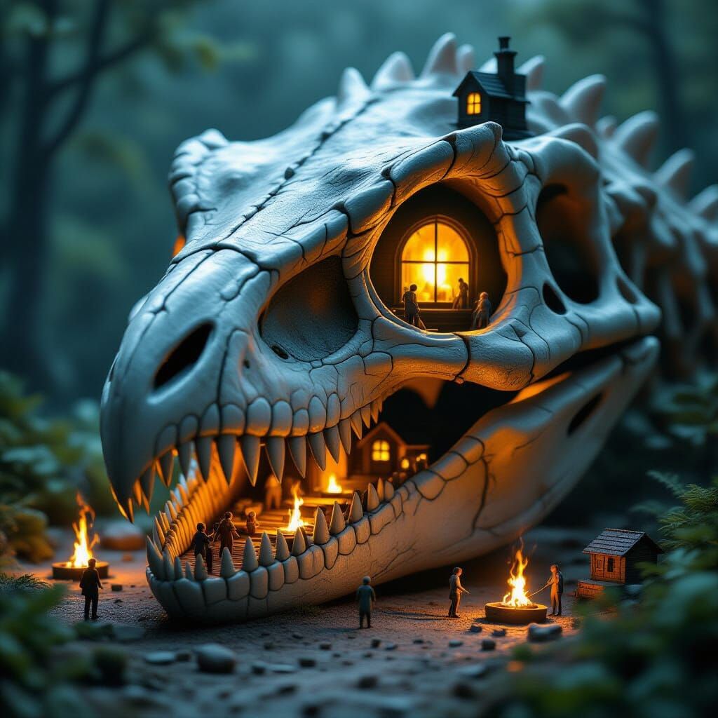 Diorama Village Inside Giant Pterodactyl Skull