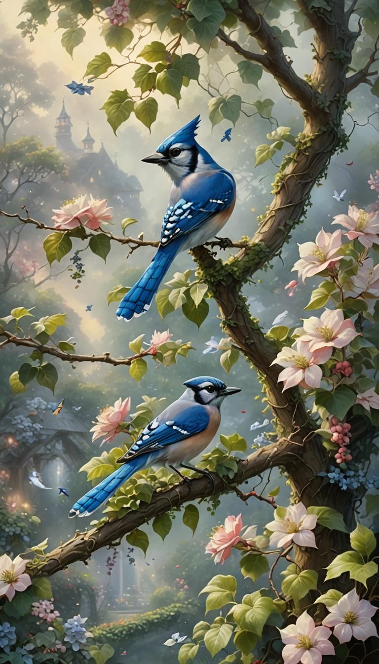 Blooming Apple Tree with Bluejay, Ethereal Fantasy Style