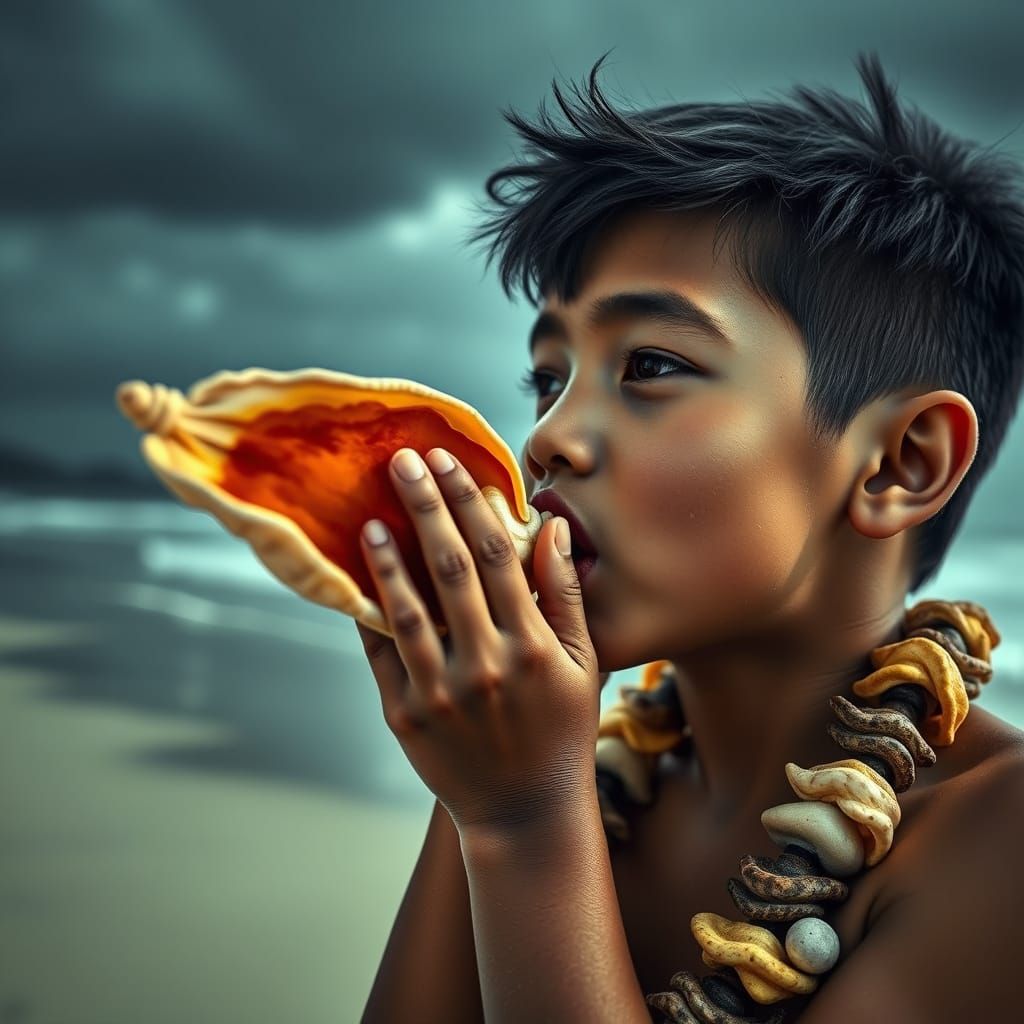 Hawaiian Boy Blows Conch Shell on Tropical Beach