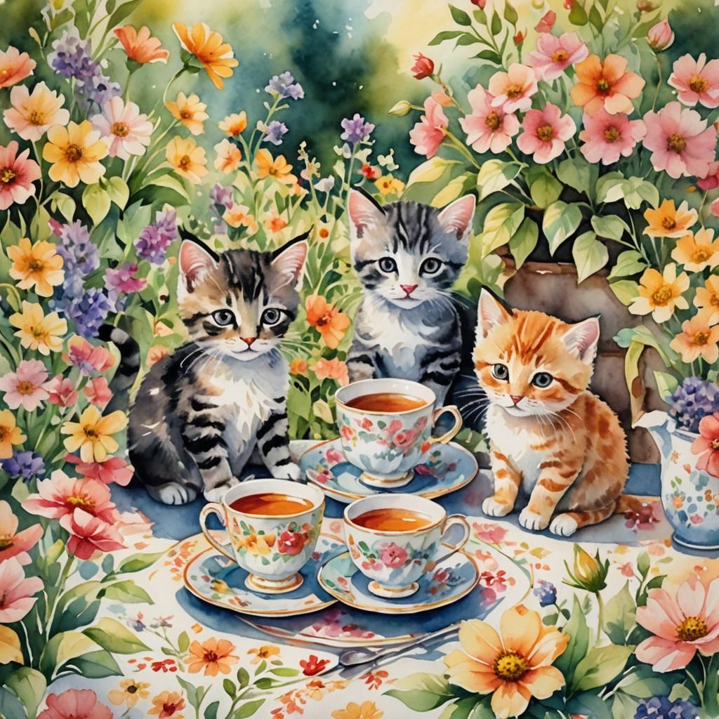 Kittens' Tea Party: A Whimsical Watercolor Garden Scene