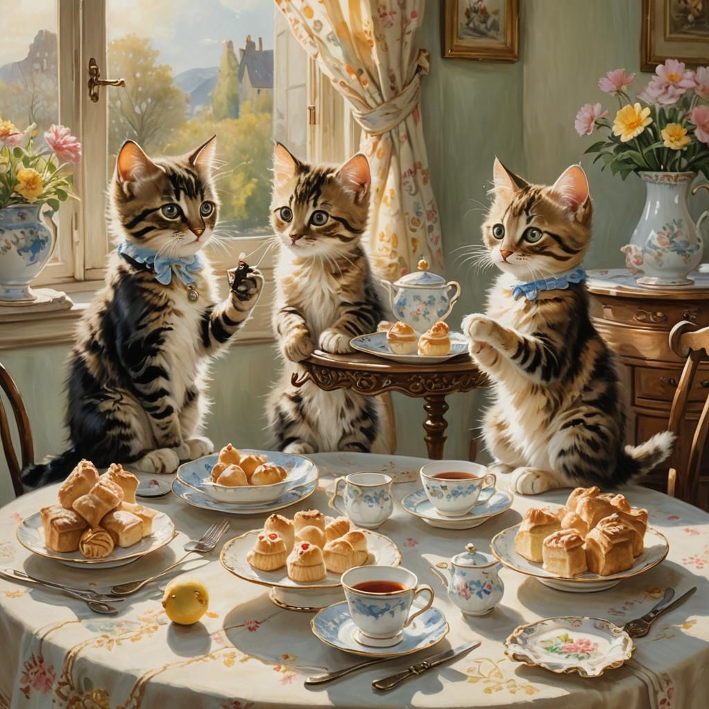 Kittens' Tea Party: A Whimsical Oil Painting