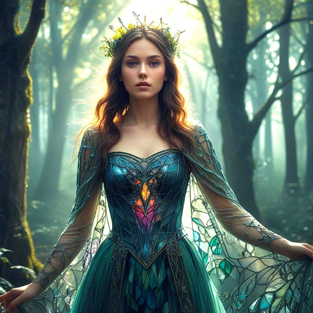 Enchanted Forest Woman in Stained Glass Dress