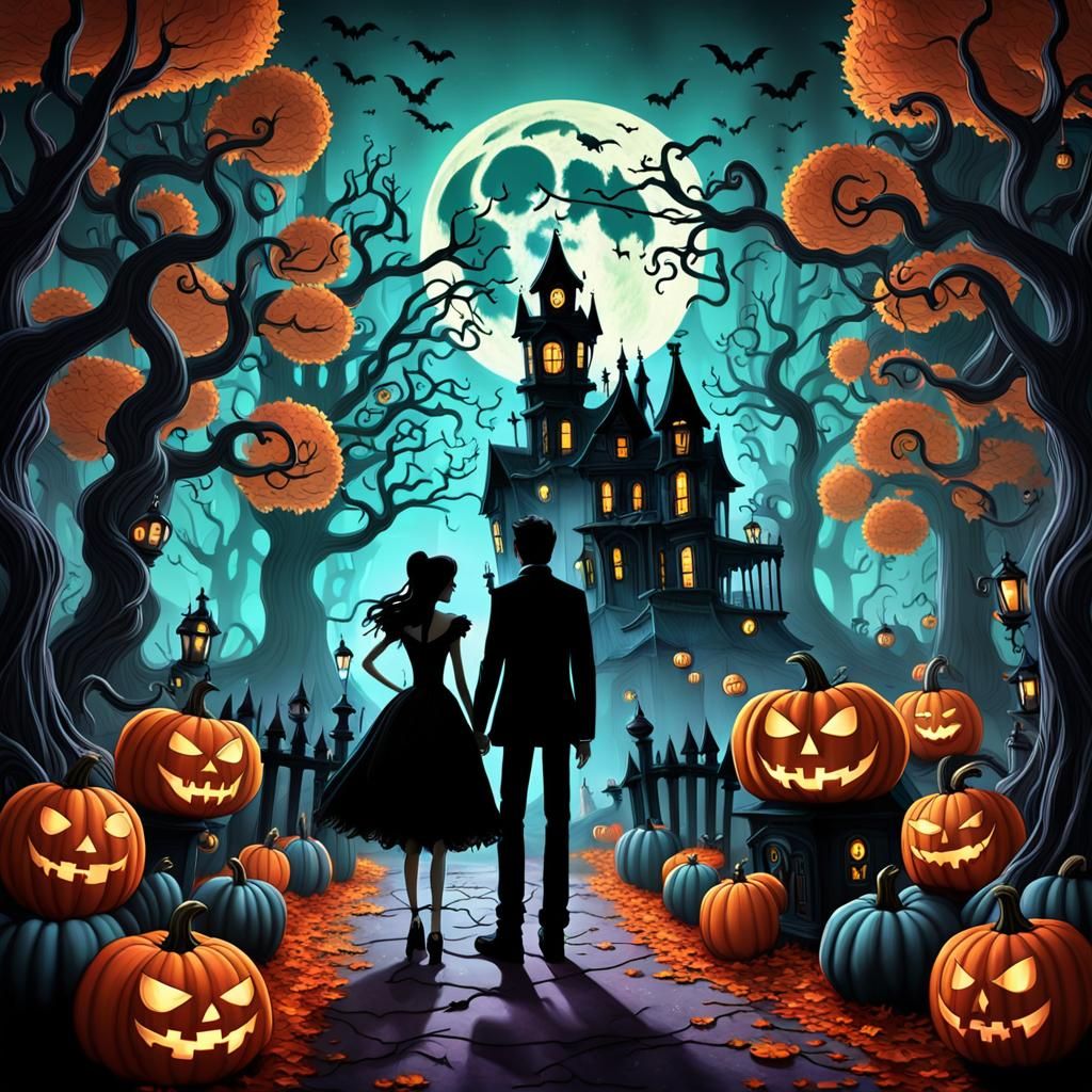 Gothic Love Story in Mystical Autumn Forest, 3D Digital Art