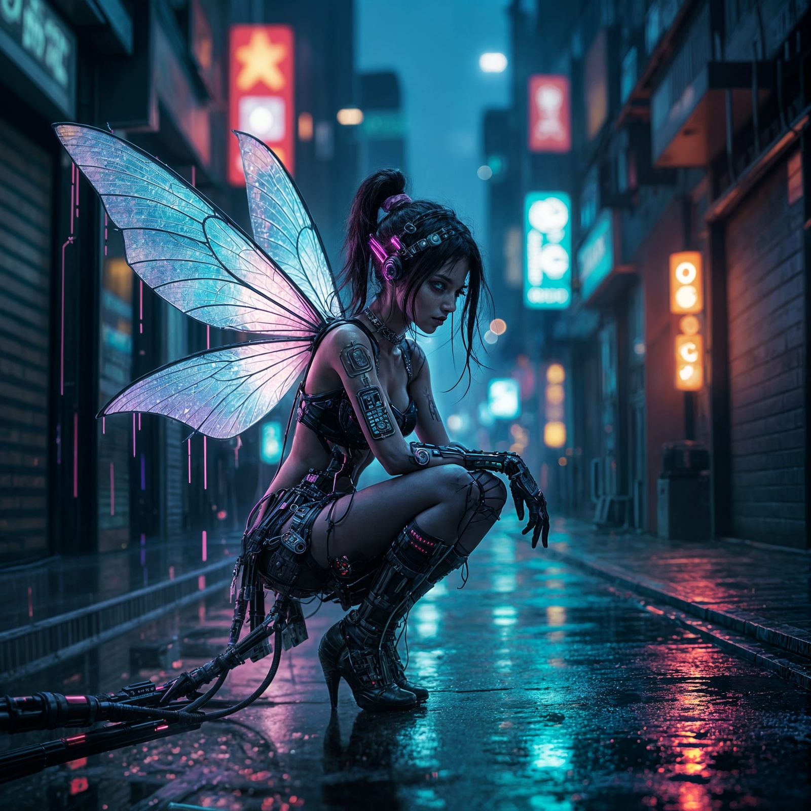 Cyberpunk Fairy in Neon Cityscape