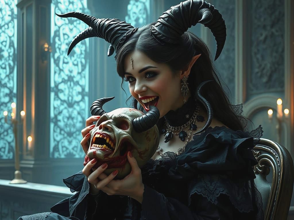 Demonic Woman in Victorian Dress Eating Head