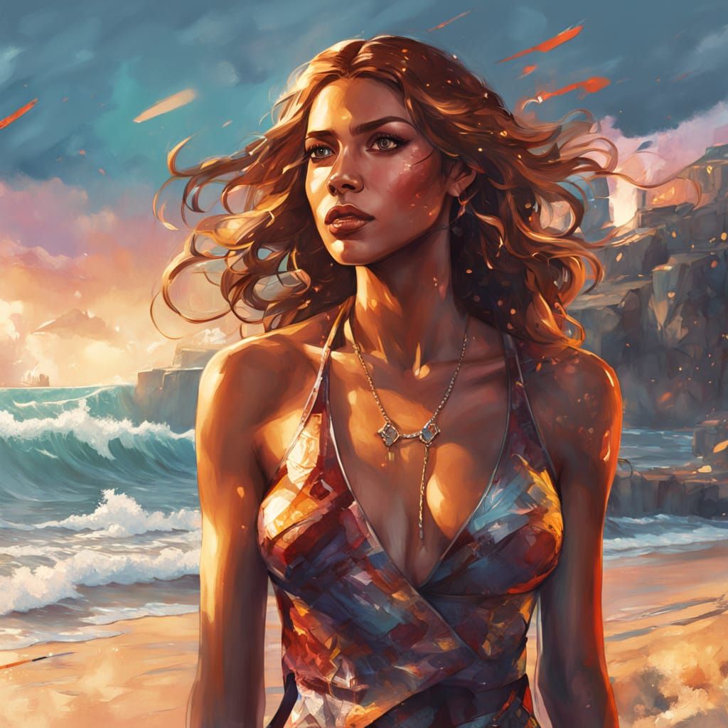 Bikini Model on Beach, Digital Art Style