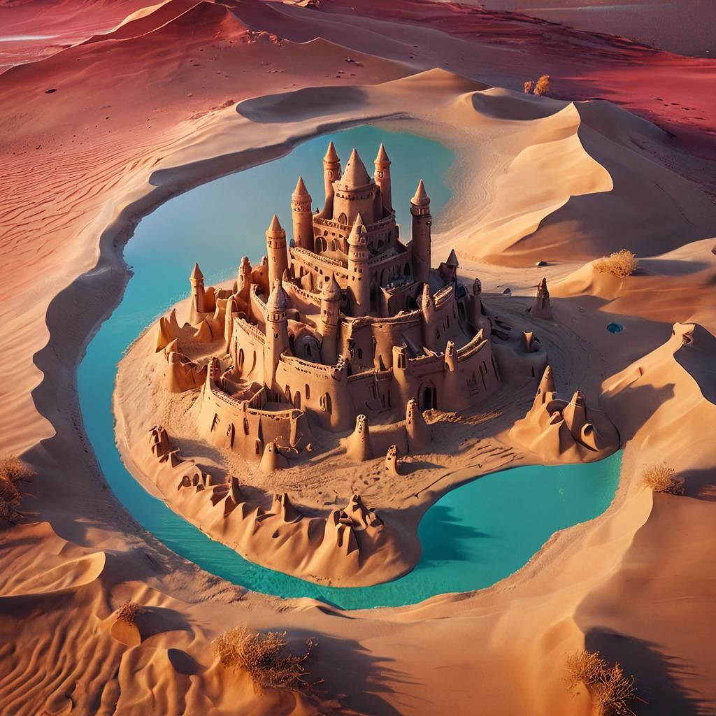 Holographic Sand Castle in Crimson Desert Sunset
