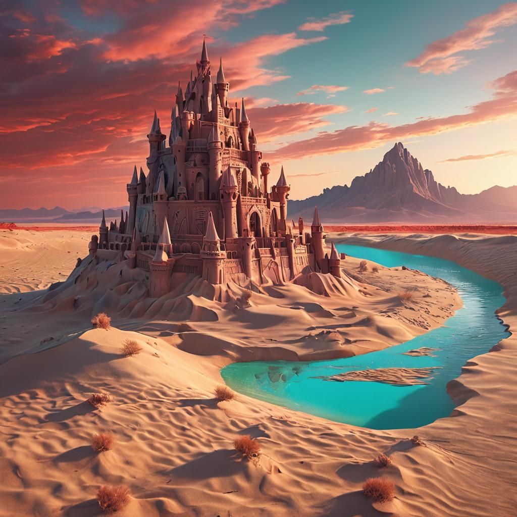 Holographic Sand Castle at Sunset