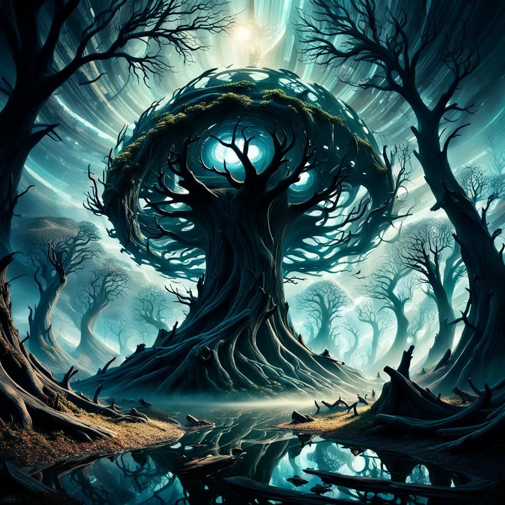 Mystical Landscape with Twisted Trees and Shattered Mirrors