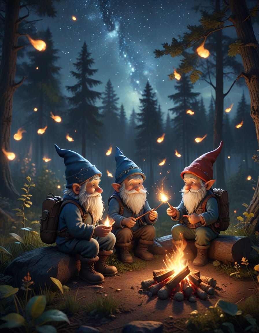 Gnomes Gather Around a Whimsical Campfire in a Fantasy Fores...
