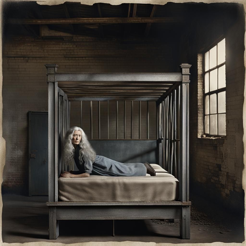 Woman Squeezed Between Bed Frames: Vintage Photograph