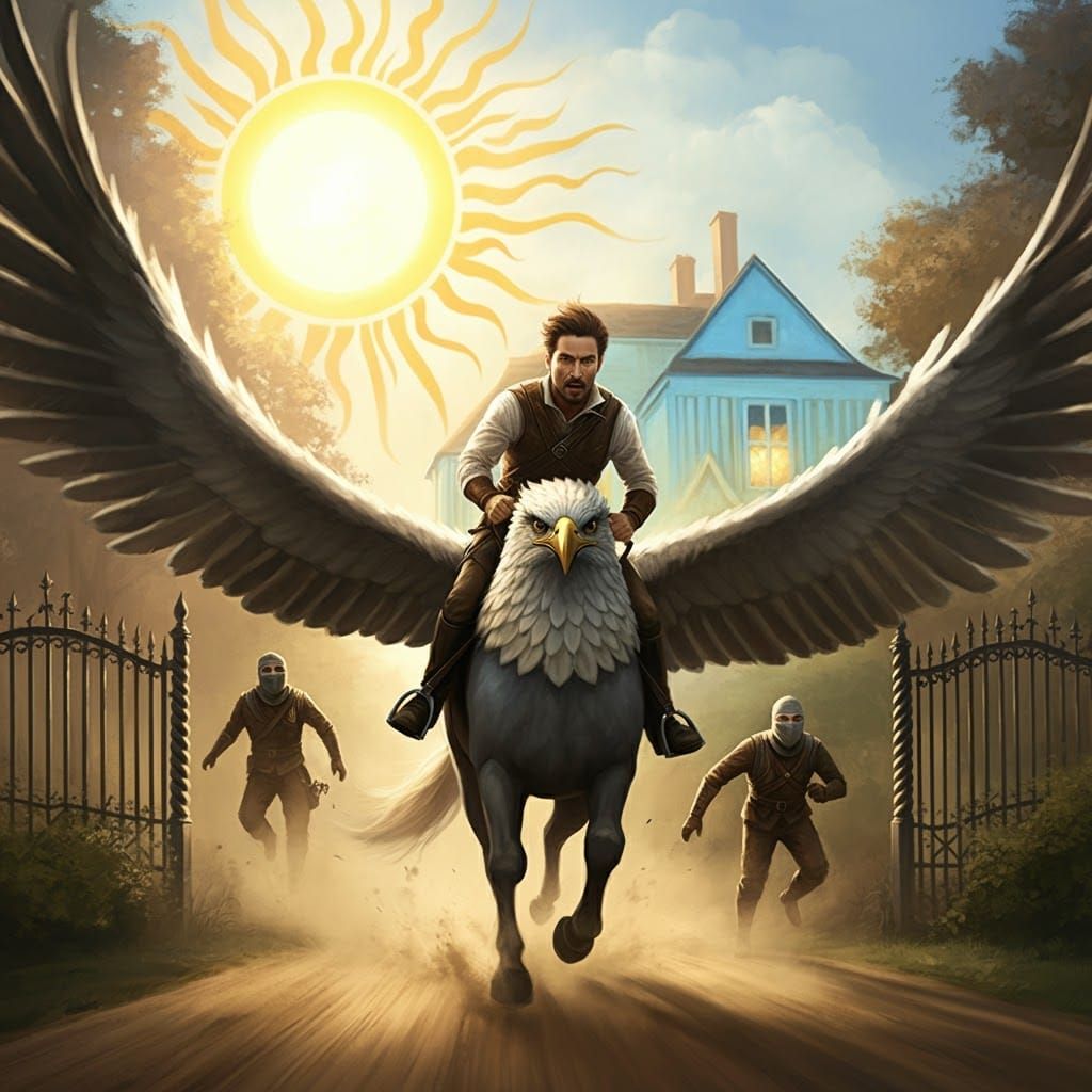 Hippogriff Rider Escapes Masked Pursuers Under Giant Sun