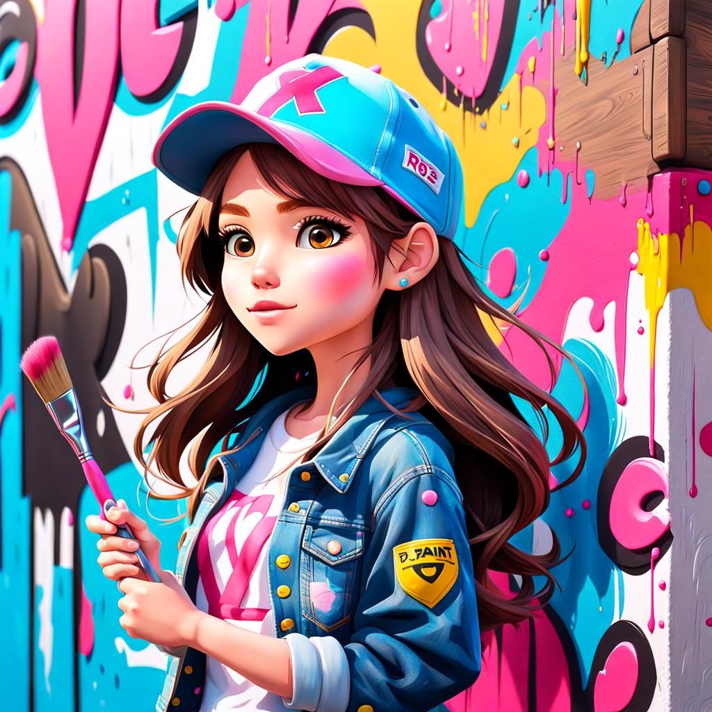 Cute chibi Pixar girl character with long brown hair and large Brown eyes, denim jacket, cute pink cap, graffiti artist ...